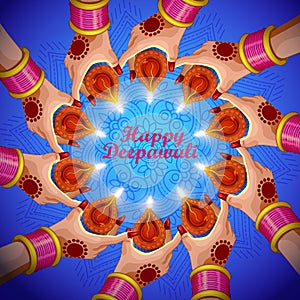 Illustration of lady holding burning Diya on Diwali Holiday background