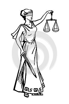 Illustration of Lady Justice holding scales and sword and wearing a blindfold in a vintage woodblock style photo