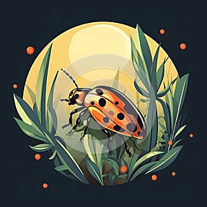 illustration of a ladybug in the grass with a full moon in the background