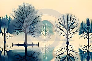 Winter landscape with trees and lake. Nature background. Vector illustration, water, trees, and reflection, generative ai