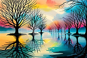 Reflection of trees in the lake at sunset. Vector illustration, colorful abstract wallpaper, calm, serene nature, generative ai