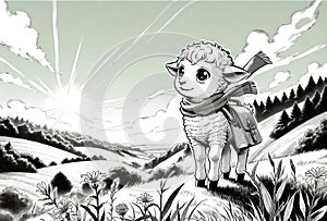Illustration of a Lamb with a Scarf and Satchel in a Sunny Rural Landscape