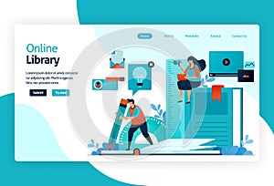 Illustration of landing page for digital library. repository or collection of online database of text, images, audio, video, or photo