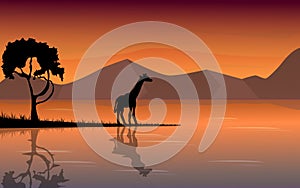 Illustration of the landscape of Africa with a cute silhouette of a giraffe and African trees near the water with reflection