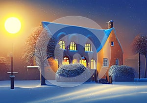 Illustration of a landscape covered in snow with trees and a warm house at dusk