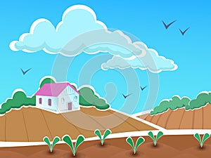 Illustration Landscape Farm with house and seedbeds
