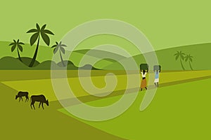 Illustration of landscape of Indian rural paddy fields