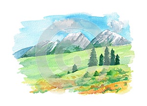 Illustration landscape with mountain peaks and flowers on the green grass. Hand painted in watercolor.