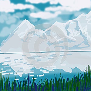 Illustration landscape, mountains, river, grassy shore.