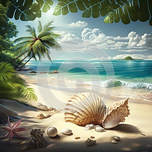 An illustration of a landscape with seashells on tropical beach