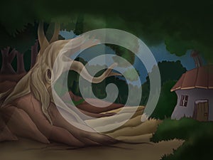 landscape of a tree and a house in the middle of the forest