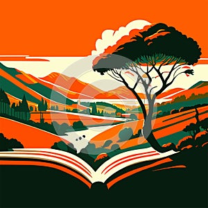 Illustration of a landscape with a tree and an open book. Generative AI