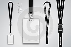 Illustration of lanyard for backstage, party or event. Access hanging identification. Ribbon with place for sponsor photo
