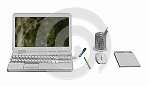 Illustration of Laptop with cordless mouse notepad and pencils