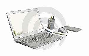 Illustration of Laptop with cordless mouse notepad and pencils