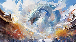 Illustration of a large blue dragon soaring over the city, Chinese lunar calendar, Zhonghe Blue Dragon Festival