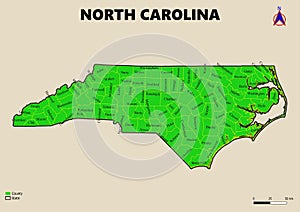 Illustration a large detailed administrative Map of the US American State North Carolina