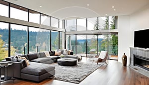Large modern luxury living room interior in Bellevue home.