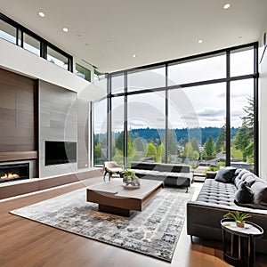 Large modern luxury living room interior in Bellevue home.