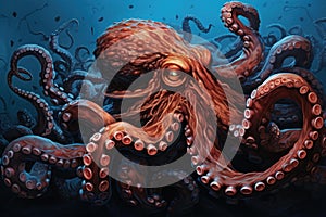 Illustration of a large octopus in the ocean depths with swirling tentacles