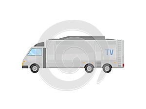 Flat vector icon of large TV news truck, side view. Mobile television studio. Media car. Communication theme