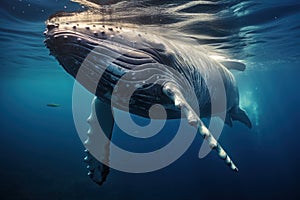 illustration of large whale splashing on waving sea water with foam in daylight near mountain landscape. Generative AI