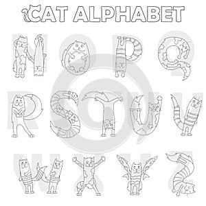 Illustration with Latin alphabet part 2, from N to Z, funny cartoon cat in the form of letters,coloring book with dark outlines on