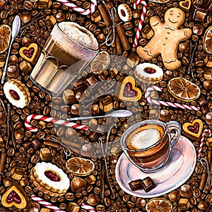 Seamless pattern with different coffee drinks and sweets on dark background.
