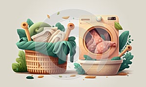 Illustration of a laundry room with washing machine and cleaning products on the shelf. Ideal for catalogs, information