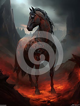 Illustration lava magma horse on ash by beeple and by magic the gathering, AI Generative