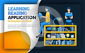 Illustration of learning reading application. students read above the bookshelf. reading improves quality education and learning s photo