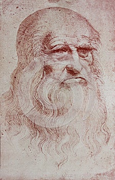 An illustration of Leonardo Da Vinci`s portrait from a vintage book Leonard de Vinci, Eugene Muntz, 1899, Paris photo