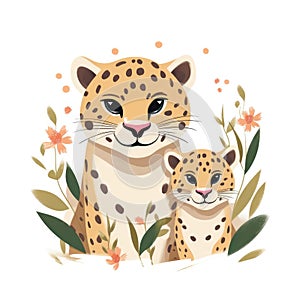 Illustration of a leopard family with flowers on a white background.