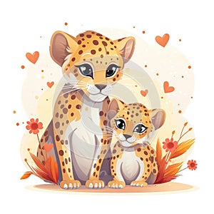 Illustration of a leopard family with flowers on a white background.