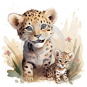 Illustration of a leopard family with flowers on a white background.