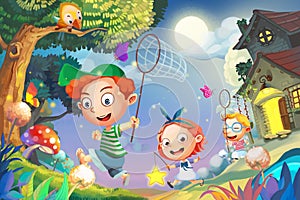 Illustration: Let's Go Catching the FireFlies! Happy Little Friends Playing Together Run into the Amazing Night.