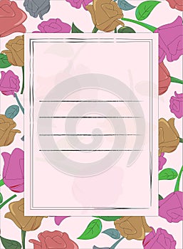 Illustration of letter, diary, weekly, notes paper design. fuzzy wuzzy, super pink, camel, roman silver color rose on background.