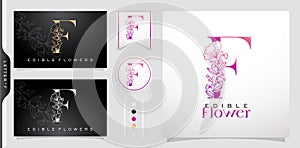 Illustration of Letter F Logotype Edible Flower symbolic with purple gradient colors isolated black and white backgrounds