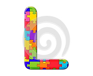 Illustration of the letter L composed out of colorful puzzle pieces on a white background