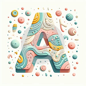 Illustration of the letter A in pastel colors with elements of sweets and confections, perfect for creative and playful projects.