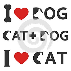 Illustration lettering love for a dog and a cat on a white background