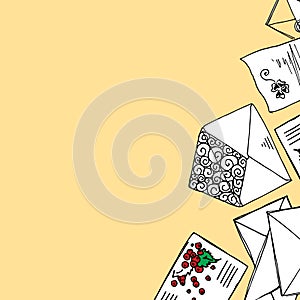 Illustration of letters and envelopes. Leaf background with writing.