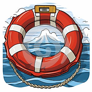 an illustration of a life preserver floating in the ocean with mountains in the background