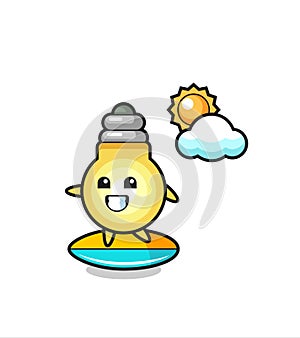 Illustration of light bulb cartoon do surfing on the beach