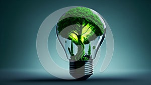 Illustration of light Bulb with tree growing inside. Ecology. Green energy. Generative AI. CopySpace