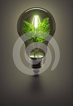 Illustration of a light bulb with a tree inside, green renewable energy, substainable technology, co2 reduction