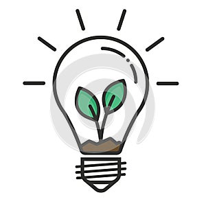 Illustration of a lightbulb outline with a plant growing inside isolated on a white background