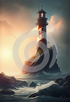Illustration of a lighthouse on a beautiful rocky outcropping