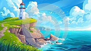 An illustration of a lighthouse on the rocky coast of an ocean or sea, with green grass, calm waters, blue skies with