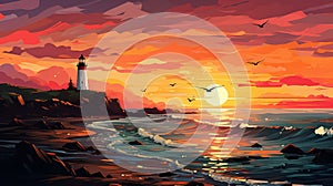 An illustration of a lighthouse on sea shore at sunset AI Generated